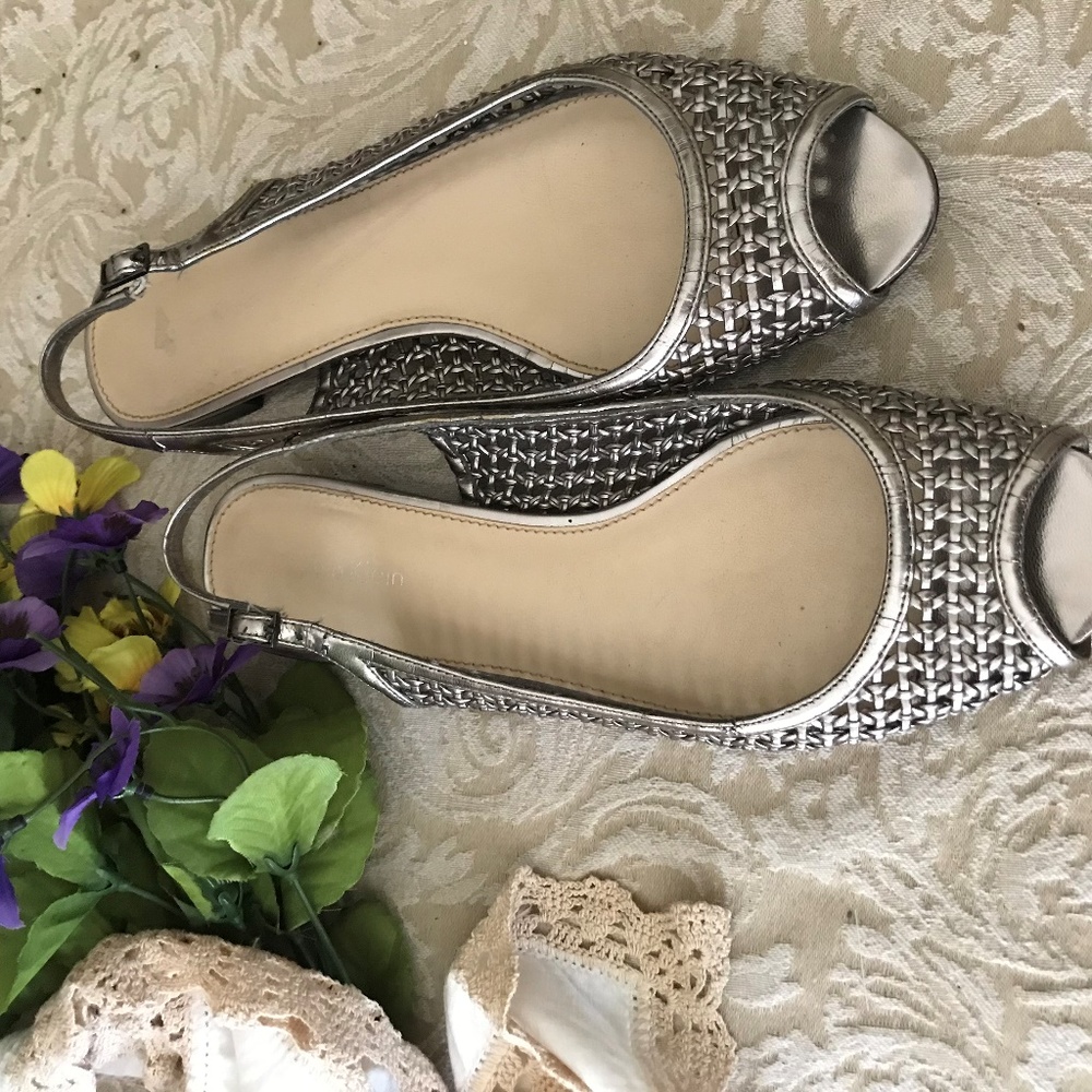 CALVIN KLEIN SILVER MESH SLING-BACK FLATS